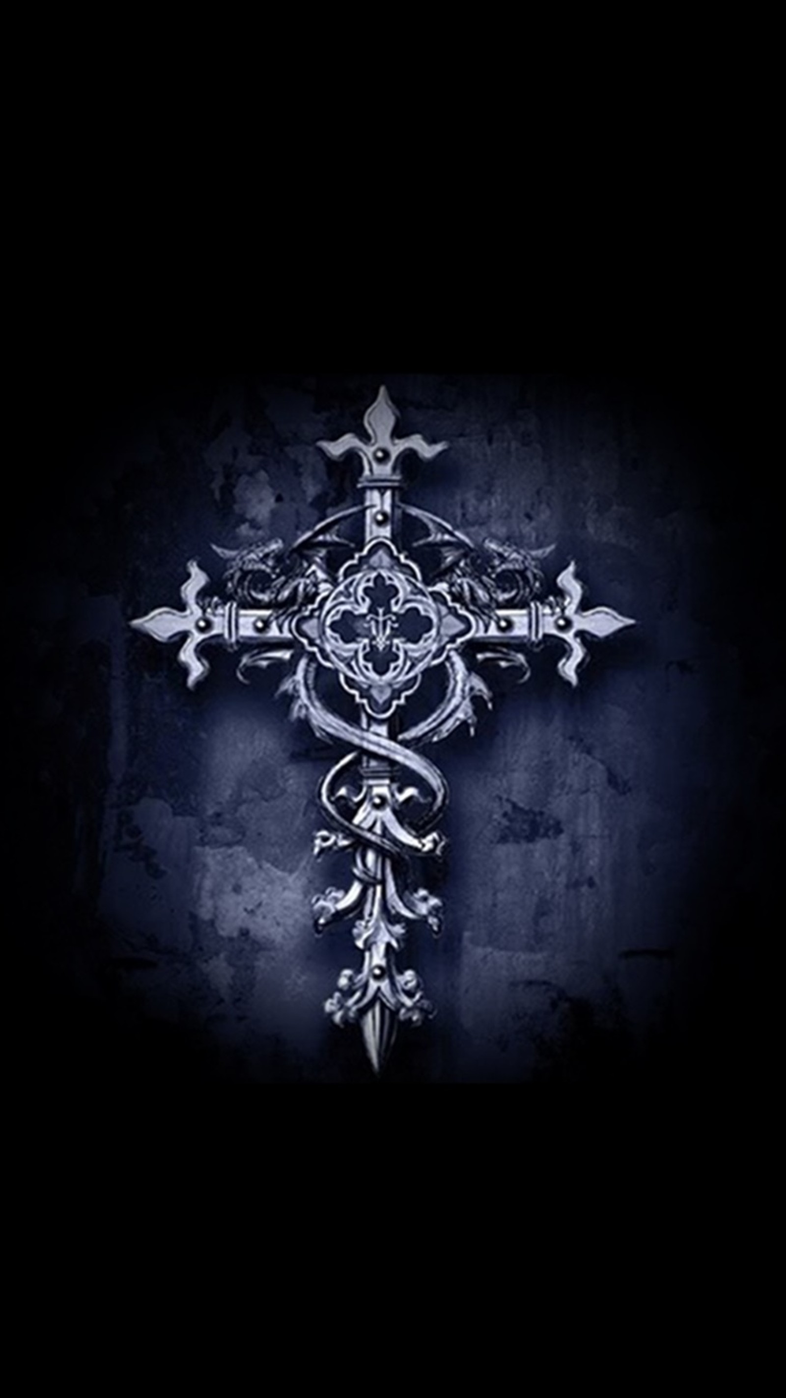 A close up of a cross on a dark background with a black background (blue, cross)