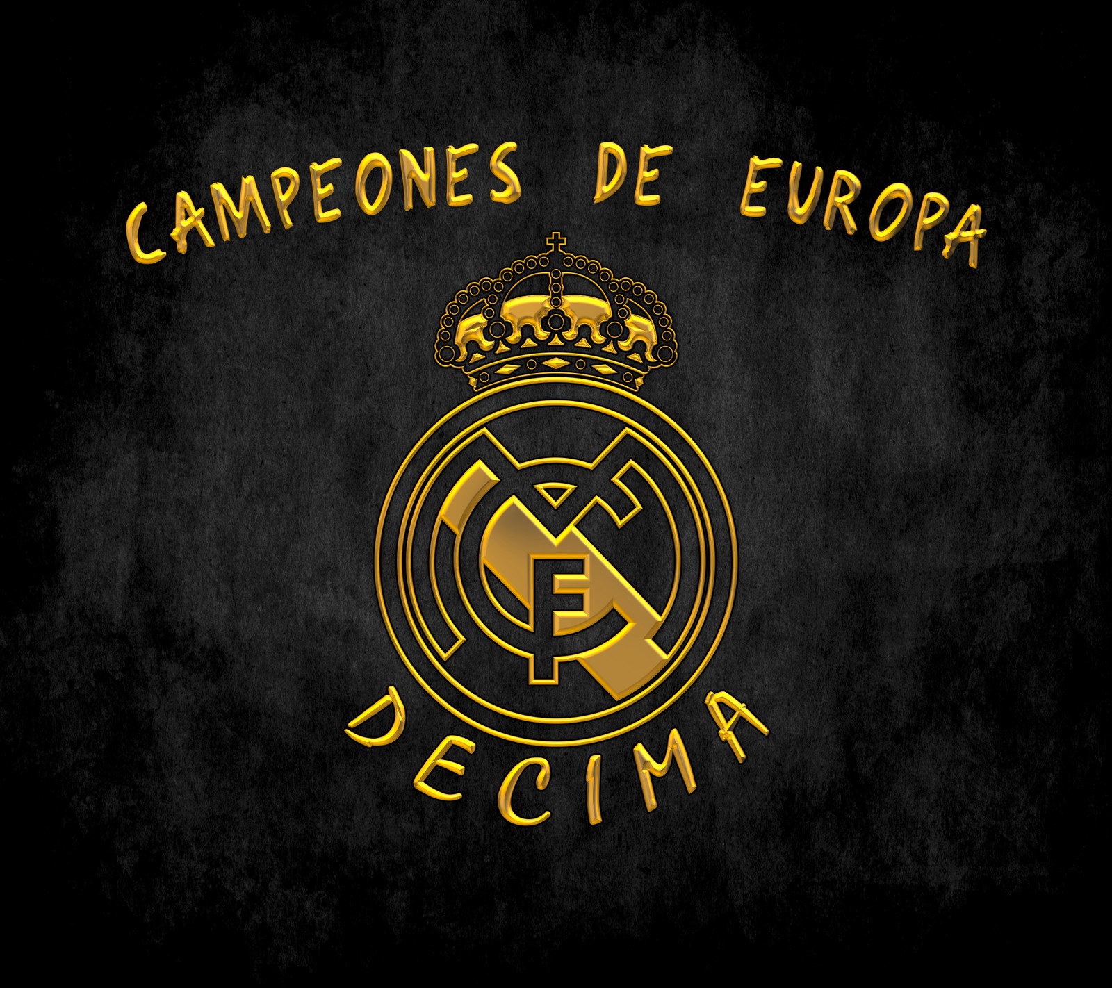 Um logotipo preto e dourado com as palavras campeones de europa (bale, brancos, campeões, décima, madrid)