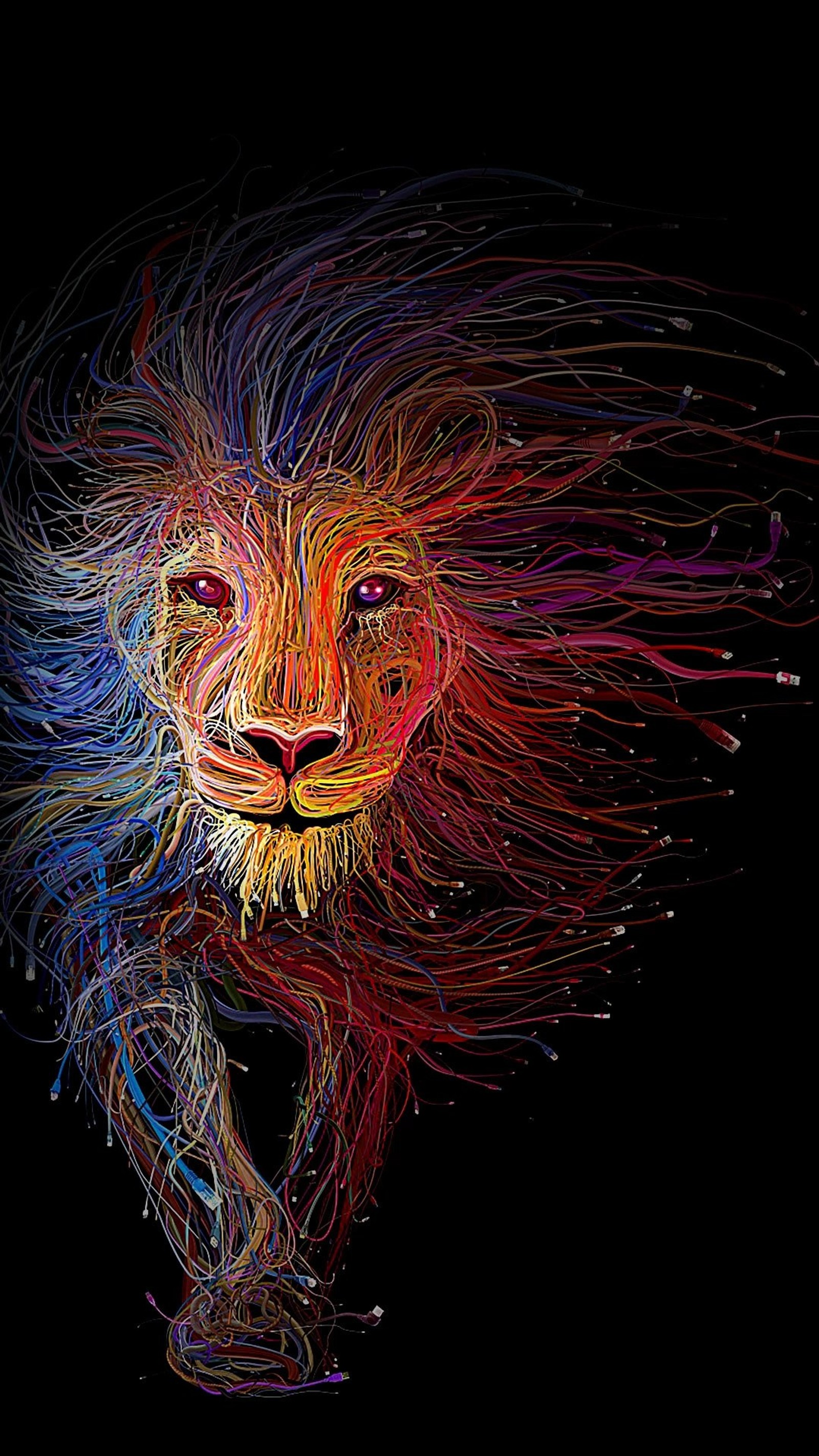 A close up of a lion with a black background (animal, black, colors, drawn, hd)