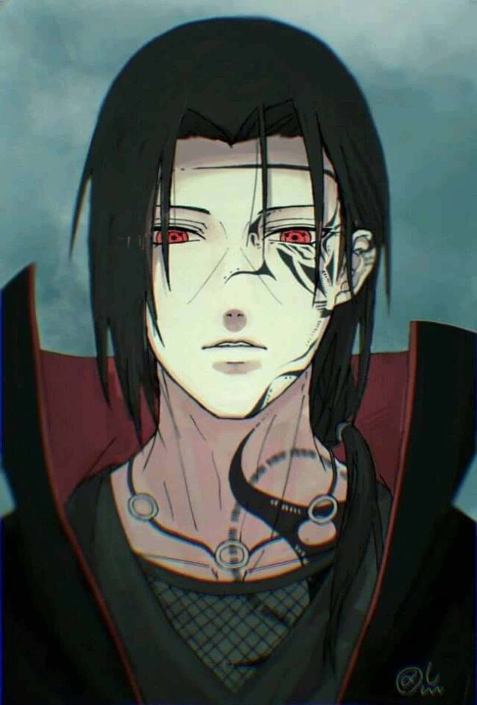 Eine nahaufnahme einer person mit schwarzen haaren und roten augen (itachi, naruto)