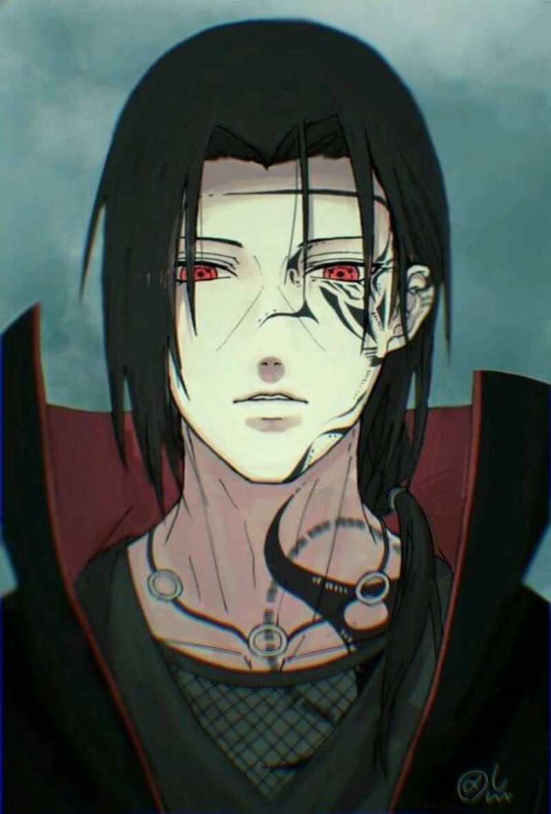 Крупный план человека с черными волосами и красными глазами (itachi, naruto)