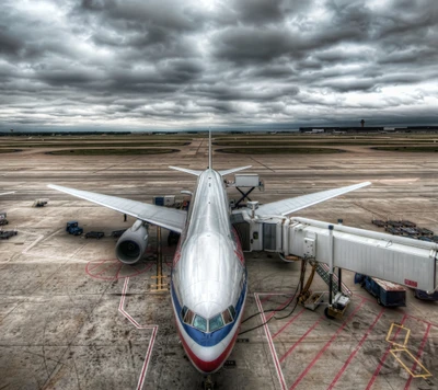 Airplane at Terminal Under Overcast Sky