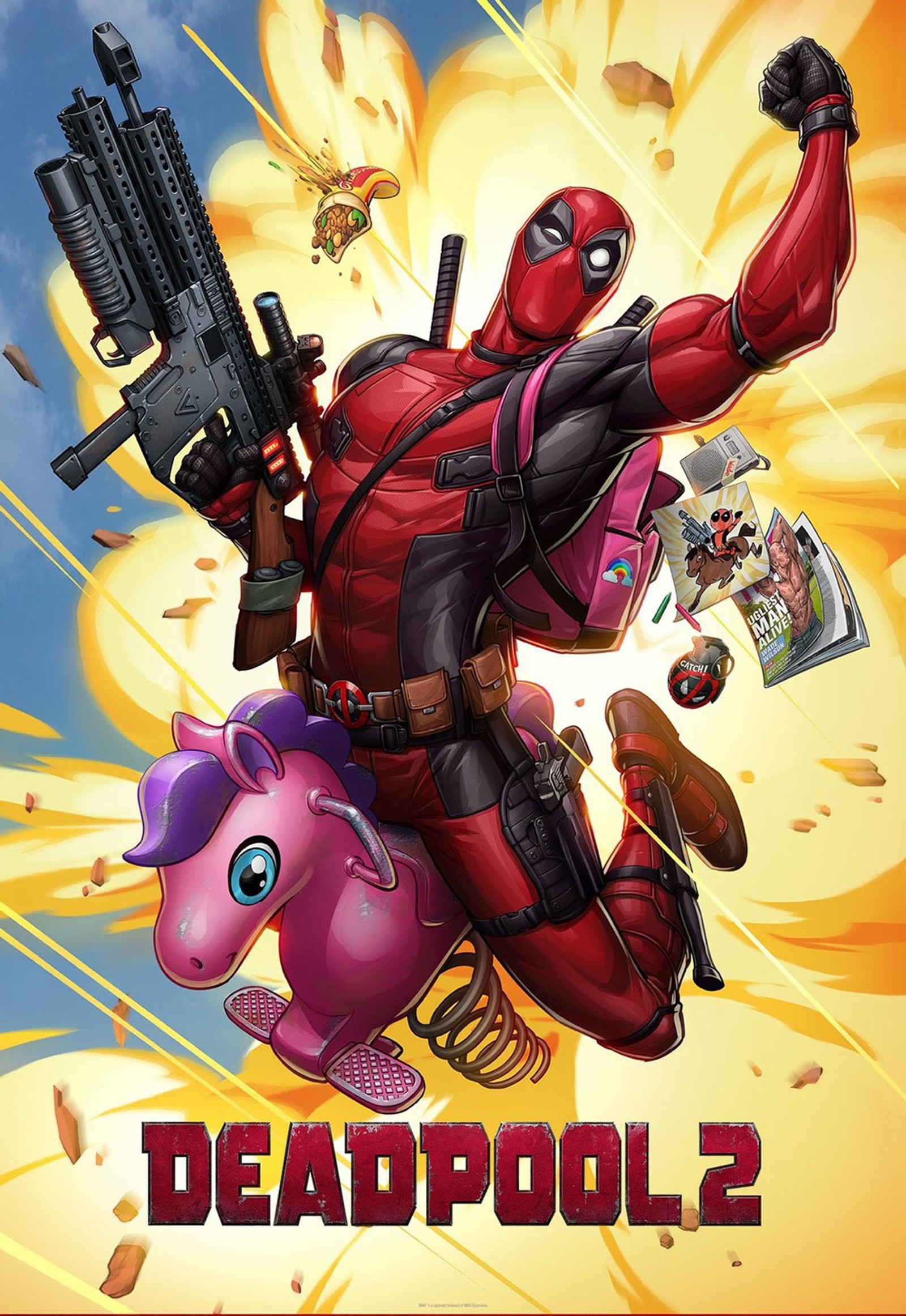 Deadpool 2 poster with a pink pony and gun (comic, deadpool, deadpool 2, epic, marvel)