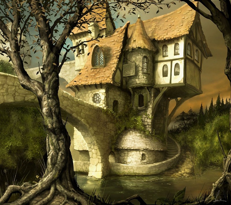 Arafed house in a forest with a bridge and a river (castle, tree)