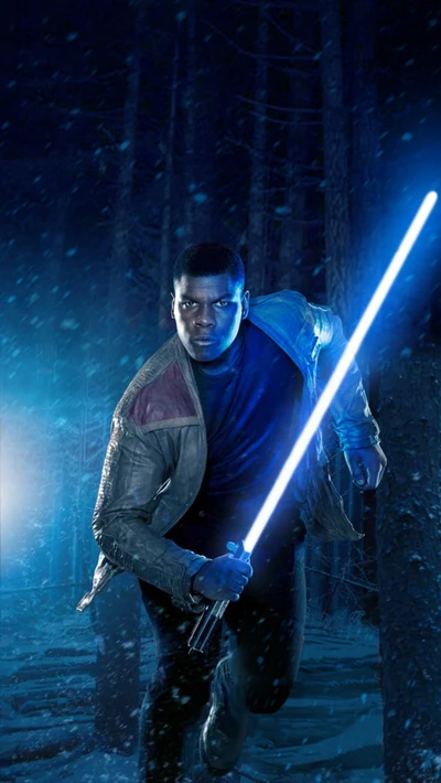 Finn na floresta nevada com um sabre de luz - fantasia de Star Wars