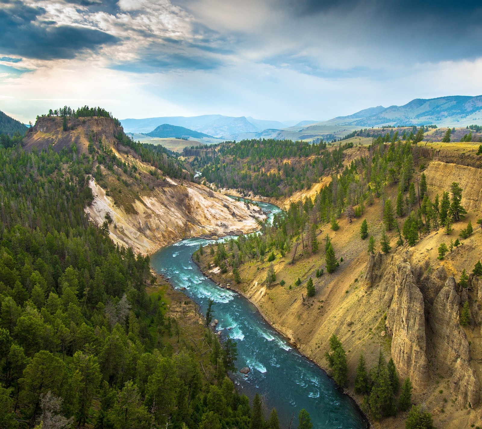 Una vista de un río que fluye a través de un valle rodeado de árboles (américa, idaho, montana, parque, rio)