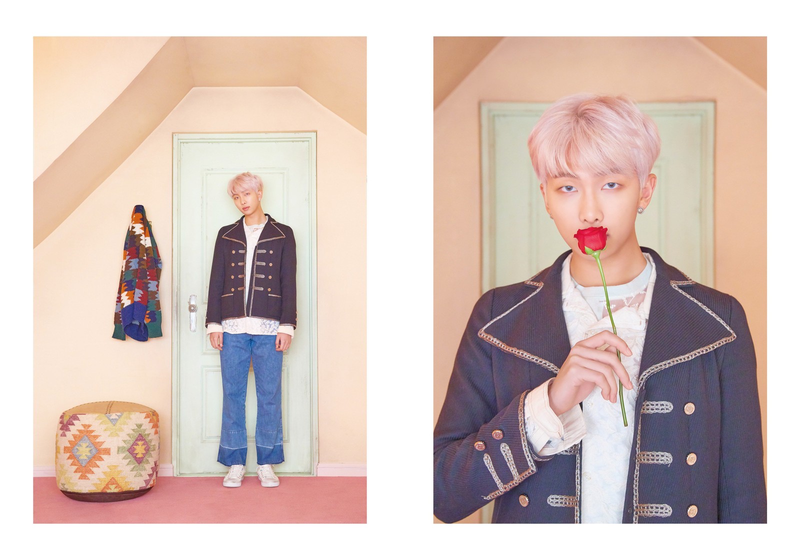 Un gros plan d'une personne tenant une fleur devant une porte (bts, joonie, kpop)