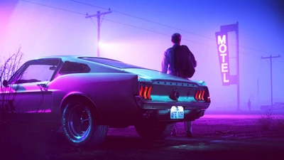 Une Ford Mustang Fastback élégante garée sous des lumières néon, avec une silhouette se tenant à proximité contre un fond de motel d'ambiance, incarnant une esthétique synthwave vibrante.