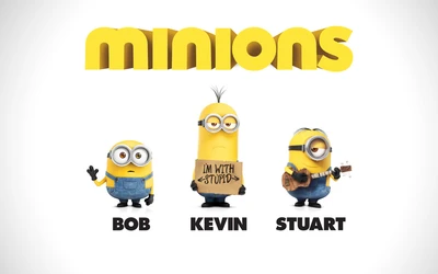 Minions: Bob, Kevin e Stuart em ilustração de desenho animado