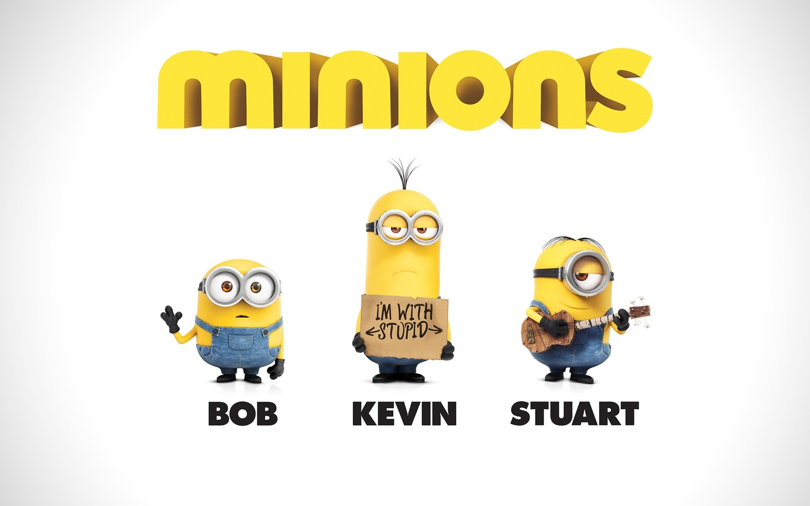 Minions movie poster with three minions holding a sign (stuart the minion, minions, cartoon, yellow, illustration)