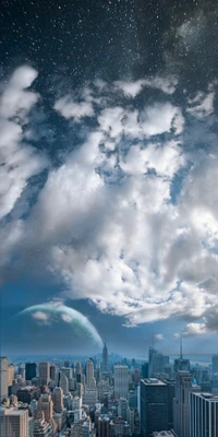 A stunning urban cityscape of Manhattan under a vibrant blue sky, featuring dramatic cumulus clouds and a starry atmosphere, blending the essence of day and night.