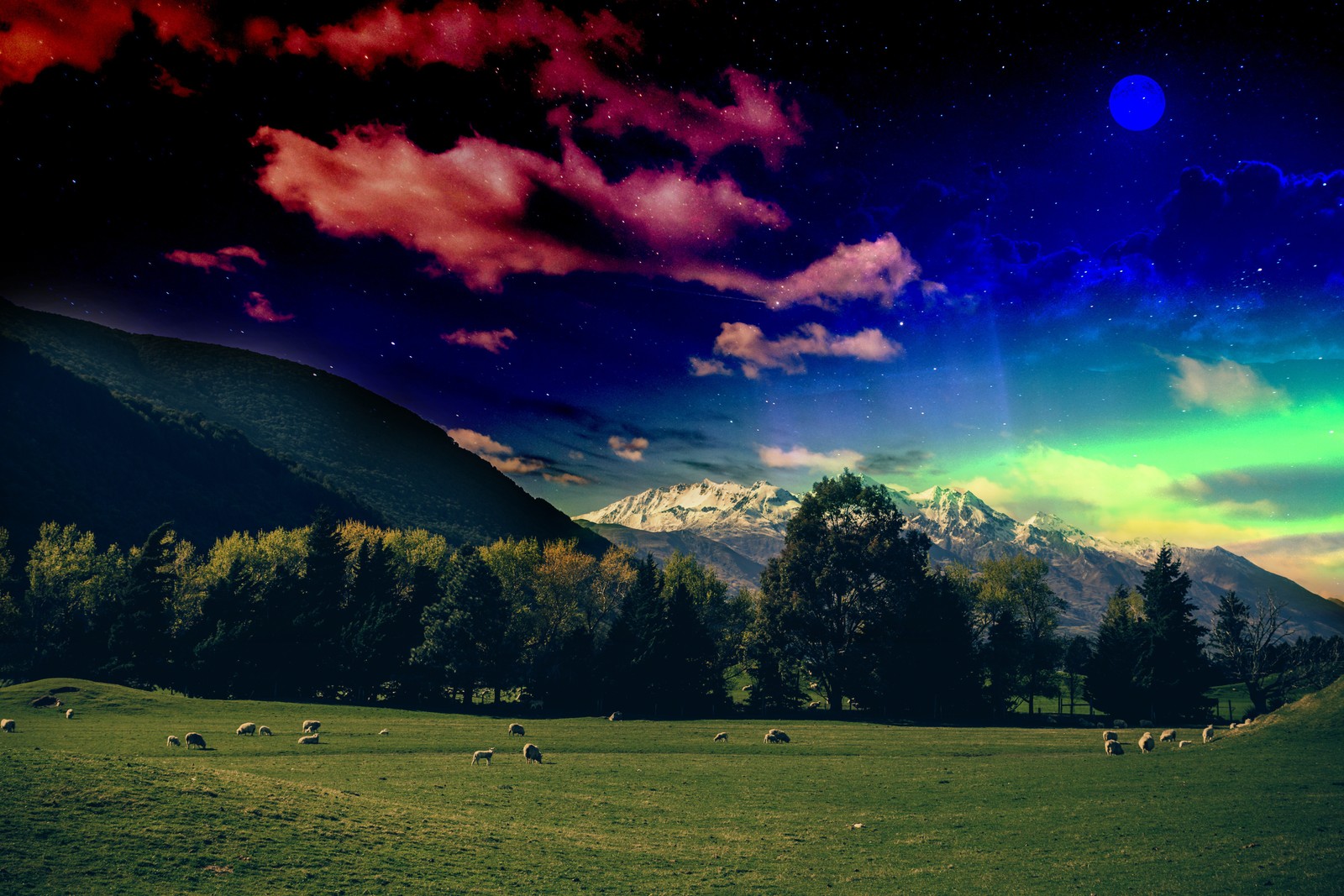 Lade grüne wiese, grasfeld, gletschermassive, schneebedeckt, mystischer himmel Hintergrund herunter