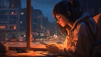 Noche tranquila: chica de anime perdida en pensamientos con luces de la ciudad y lluvia