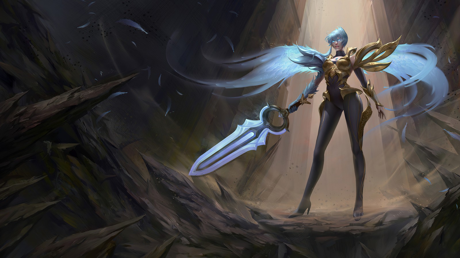 Une femme avec une épée se tient dans une grotte (riven, dawnbringer, lol, league of legends, video gmae)