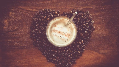 Cappuccino in a Heart of Coffee Beans: A Still Life Celebration of Love for Coffee