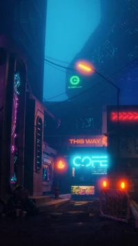 Lebendige Neon-Gasse mit elektrischen blauen und lila Lichtern