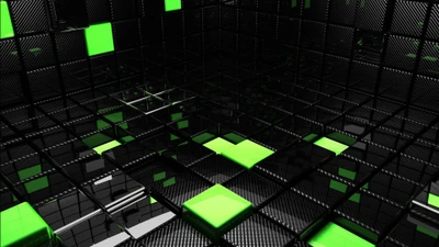 Symmetrical Green and Black Tech Architecture in a Reflective Space