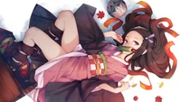 Nezuko Kamado in einer ruhigen Pose, umgeben von Herbstblättern, verkörpert den Geist von "Demon Slayer: Kimetsu no Yaiba.