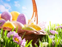 A vibrant basket filled with colorful Easter eggs nestled in lush green grass and blooming flowers, symbolizing joy and renewal in the spring season.