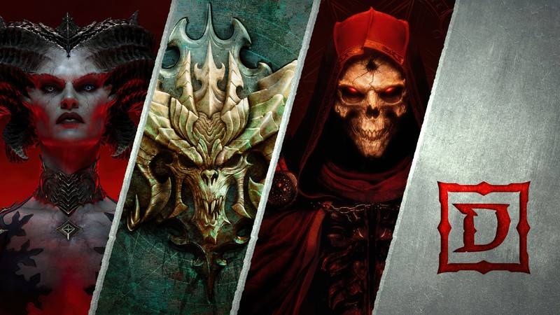 Группа из четырех разных персонажей в разных цветах (diablo ii возрождённый, diablo ii resurrected, diablo iv, диабло бессмертный, diablo immortal)