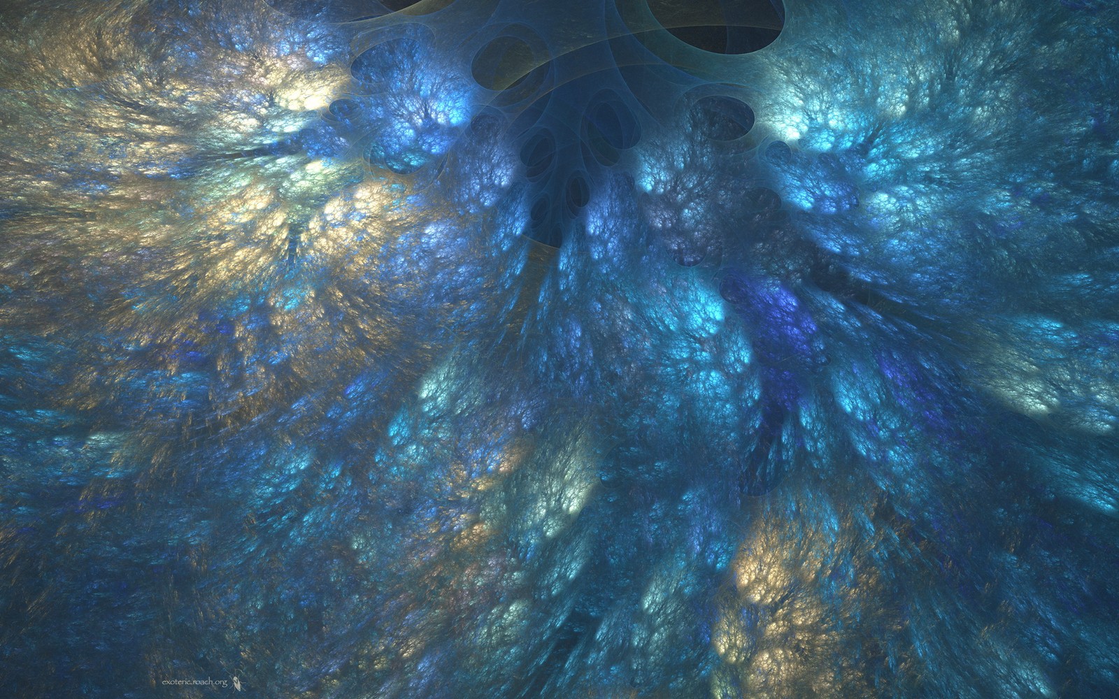 A close up of a blue and gold abstract painting (fractal art, space, atmosphere, marine biology, underwater)