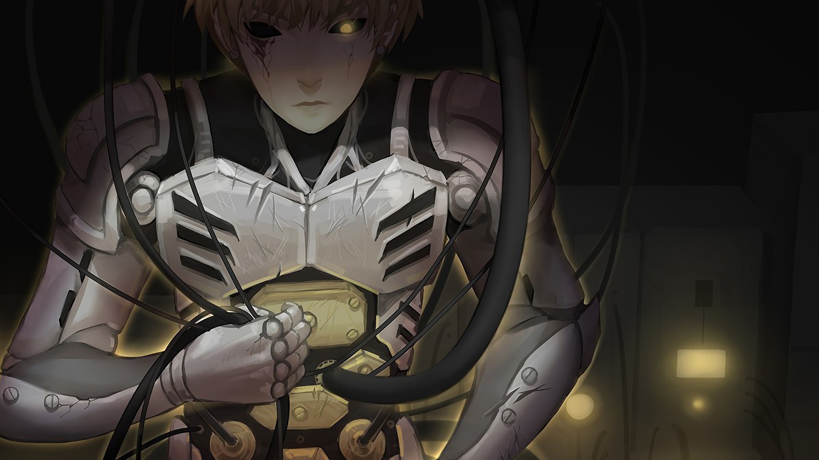 Um close de uma pessoa segurando uma espada em uma sala escura (genos, one punch man, anime)