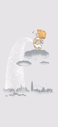 Whimsical Illustration of a Dreamy Figure with Moustache Above a Cityscape