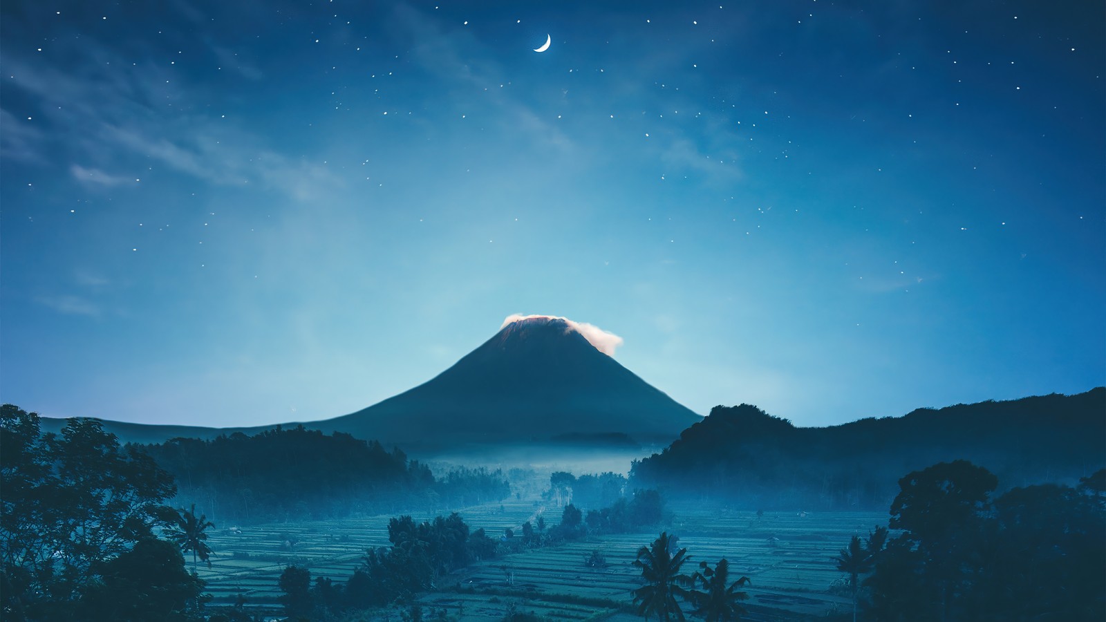 A mountain with a crescent in the sky and a few trees (mountain, night, sky, scenery)