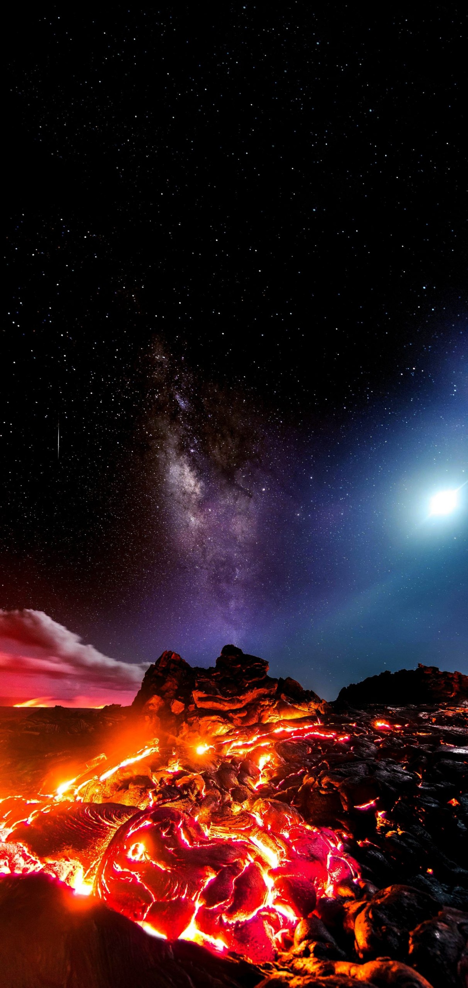 Night sky with stars and lava and a bright moon (oled, lava, milky way, volcano, moon)