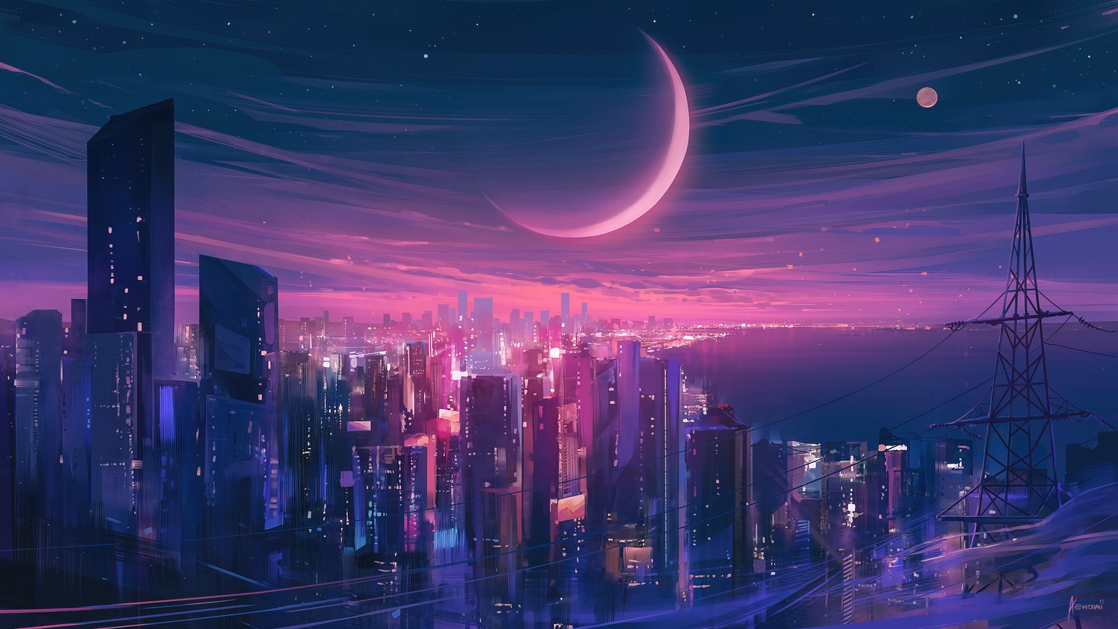 A city skyline with a crescent in the sky and a full moon (night, city, moon, digital art)