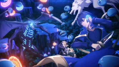 A dynamic scene featuring Yuji Sano, armed with a sword, surrounded by magical creatures and glowing orbs, illustrating his journey to becoming the strongest sage in a vibrant fantasy world.