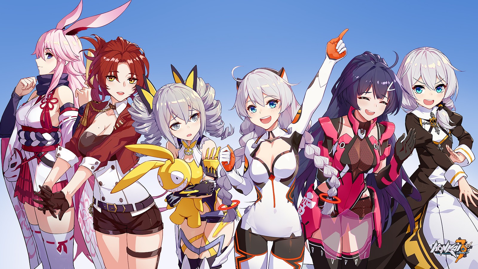 Un groupe de filles anime se tenant côte à côte (filles danime, anime, honkai impact 3rd, jeu vidéo, bronya zaychik)