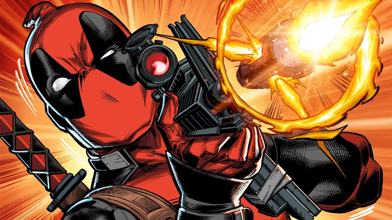 Deadpool держит пистолет и огненный шар в руке (стрельба, оружие, marvel comics, комиксы)