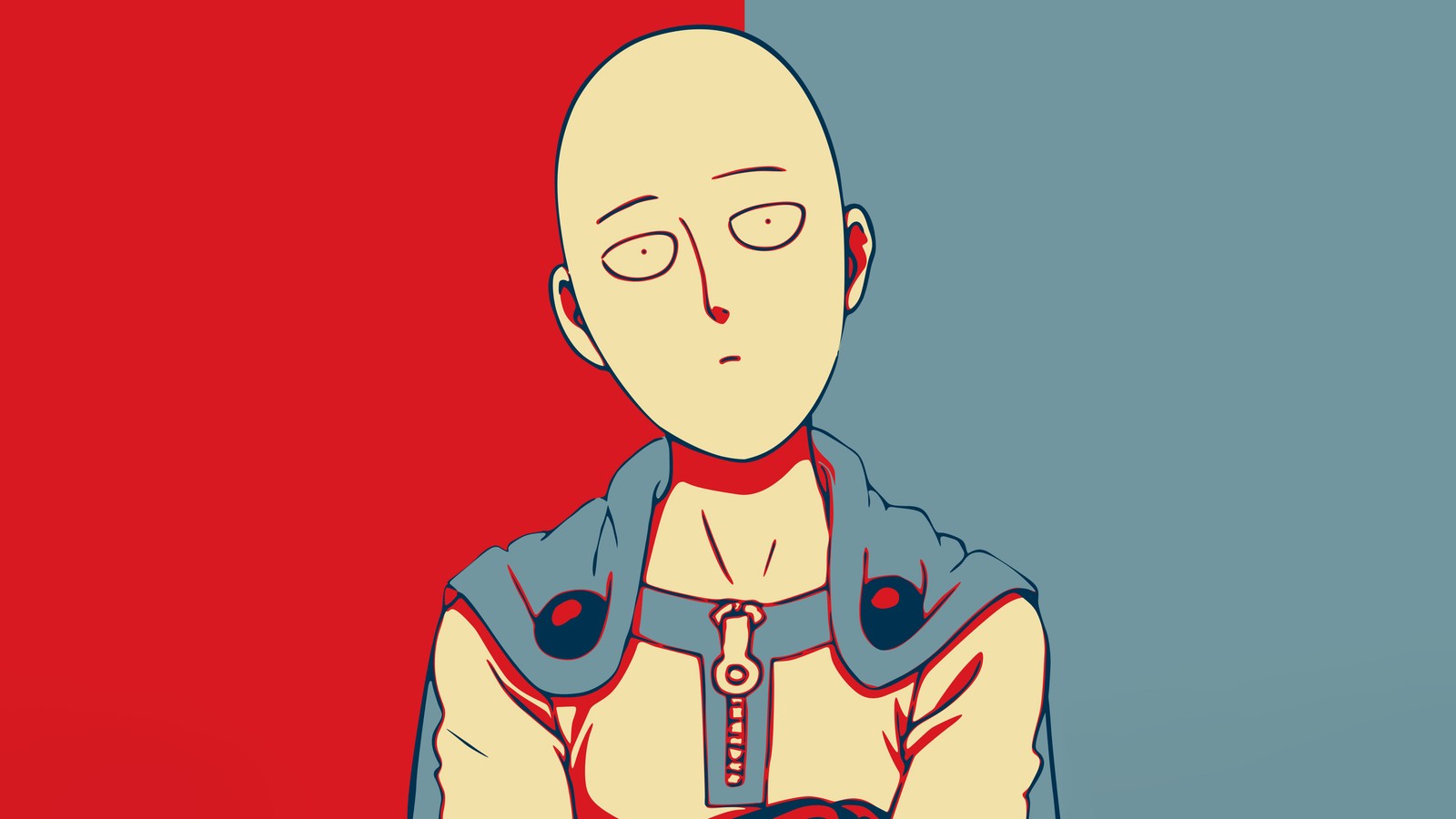 Una imagen de un hombre de dibujos animados con una camisa roja y una chaqueta azul. (saitama, minimalista, one punch man, anime, fondo de pantalla 4k)