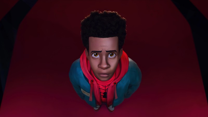 Крупный план человека с шарфом на красном фоне (майлз моралес, miles morales, человек паук через вселенные, spider man across the spider verse, фильм)