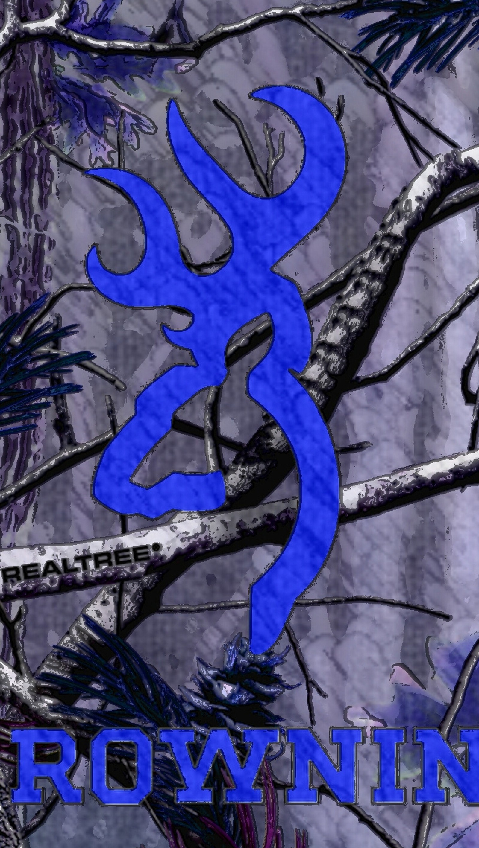 A close up of a blue deer logo on a camouflage background (cam, deer)