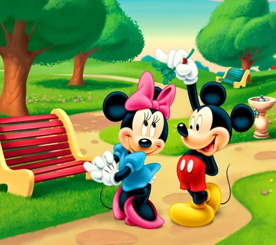 Mickey y Minnie Mouse compartiendo un momento alegre bajo el muérdago