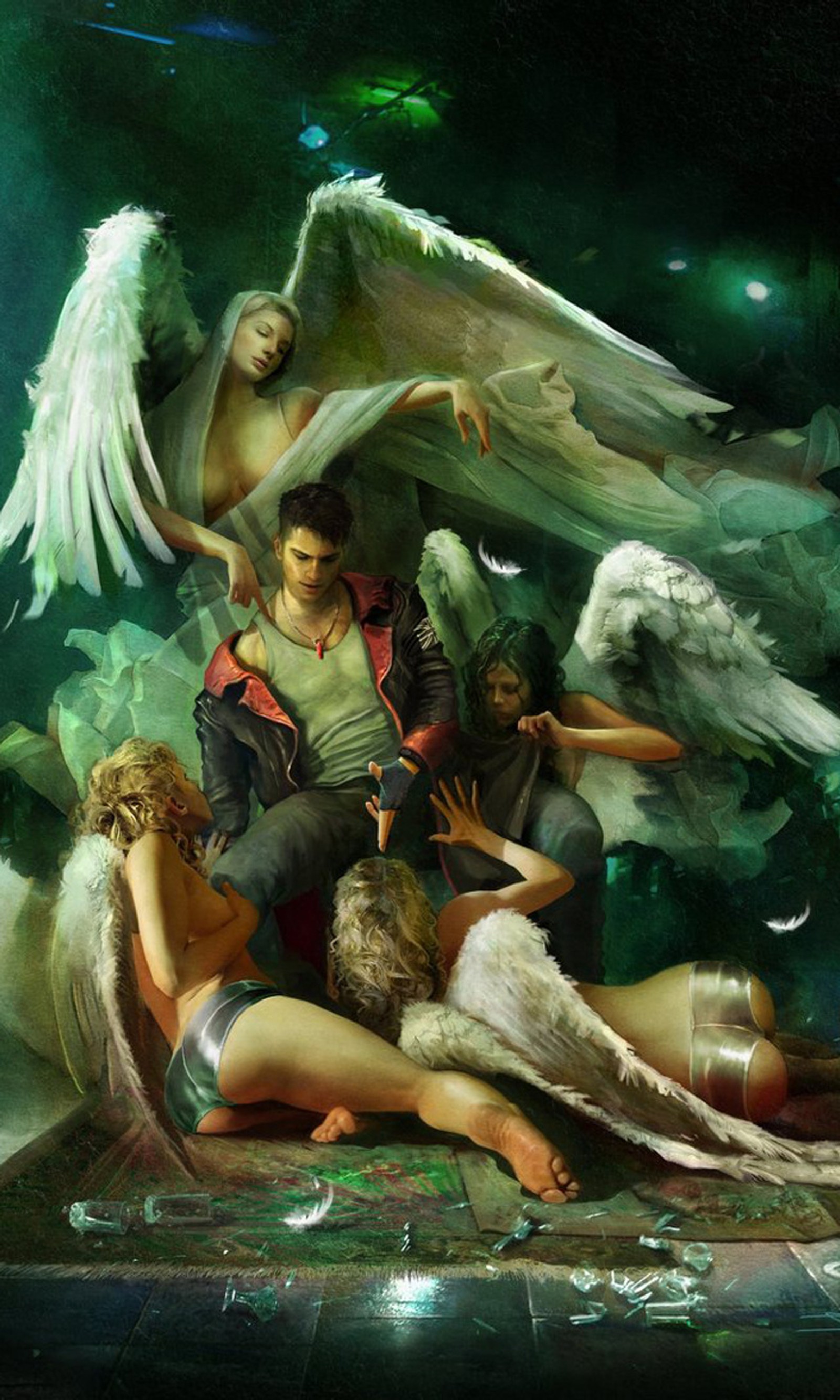 Painting of a group of people with angel wings surrounding them (dante, devilmaycry)