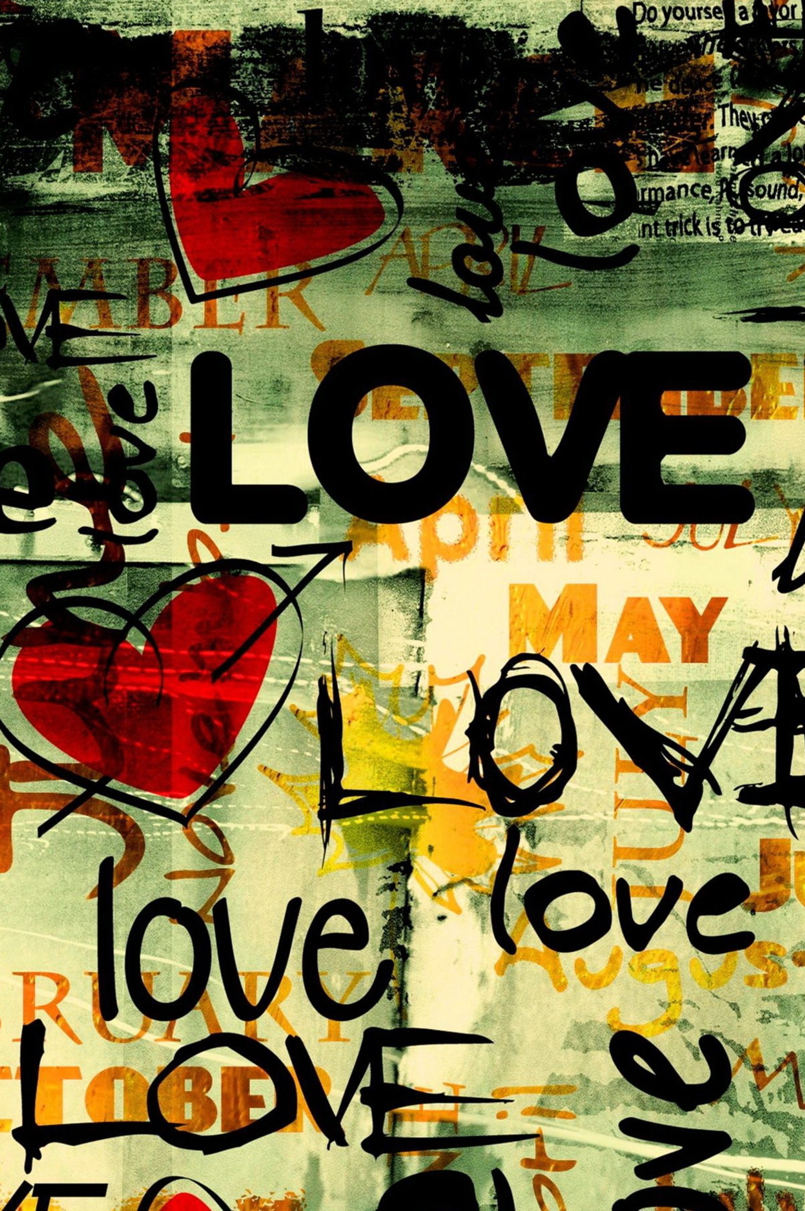 Graffiti on a wall with a lot of different words and symbols (heart, love, lovers, months)