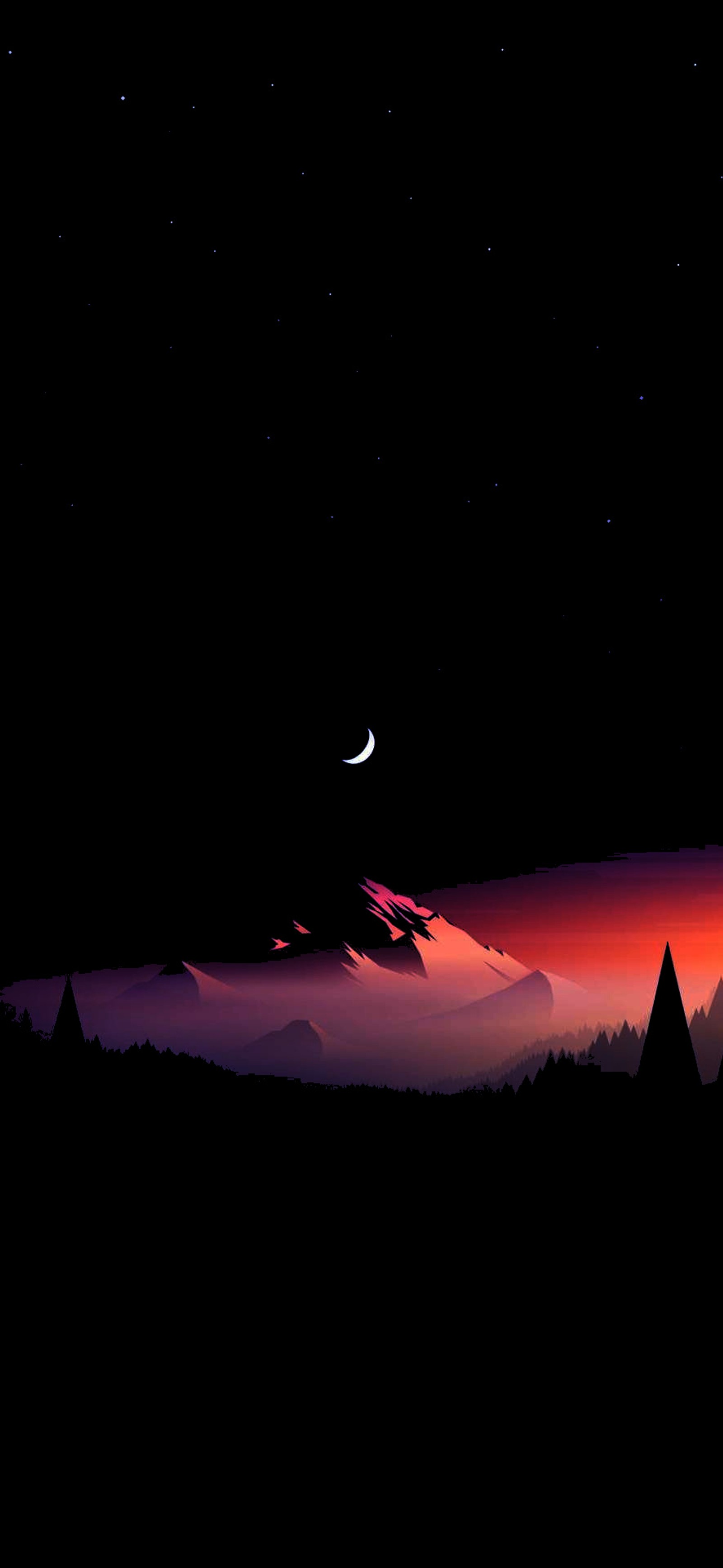 Night sky with a crescent and a mountain range in the background (dark, nature, night, wallpaper)