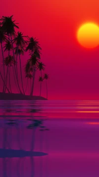 Vibrant Sunset Over Serene Beach with Silhouetted Palm Trees