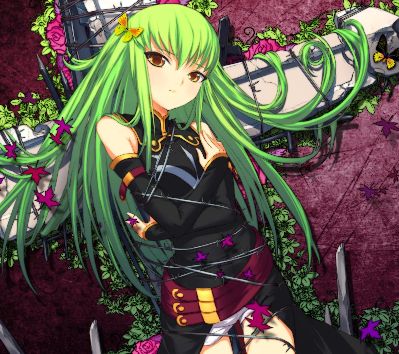 A close up of a person with green hair and a sword (anime, code geass, girl)