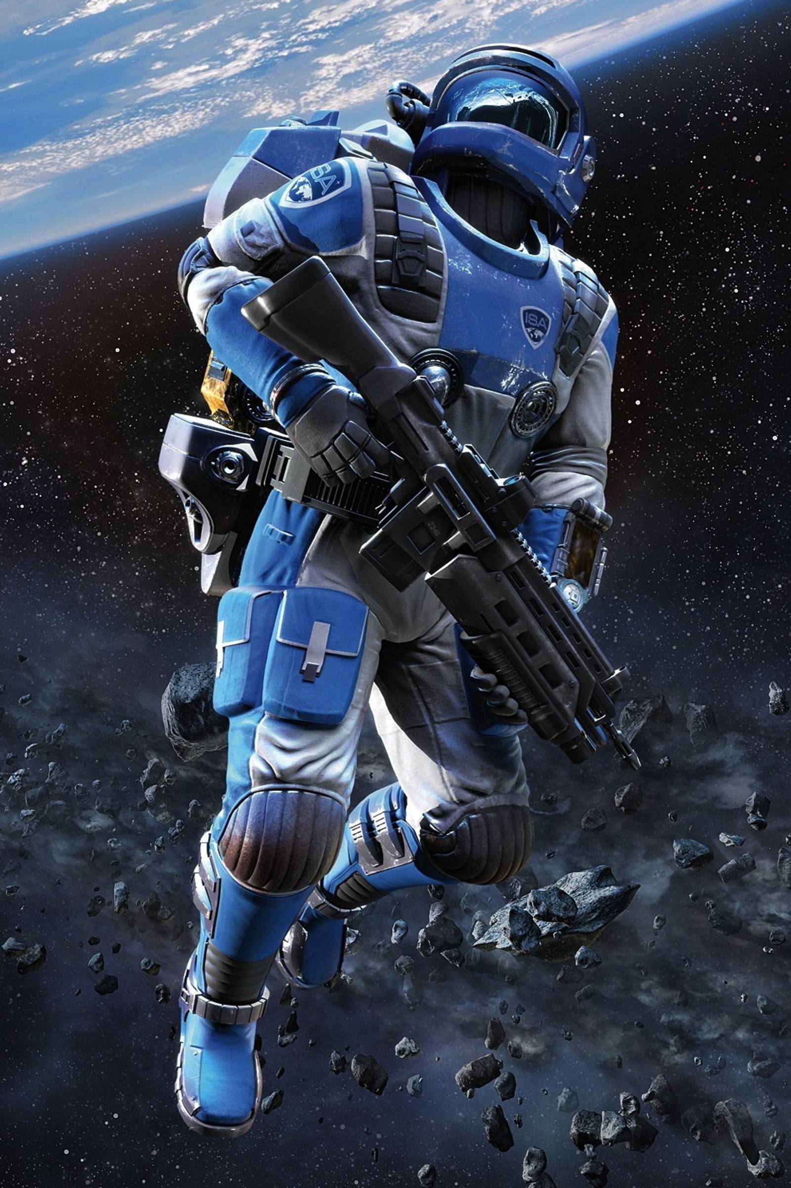 There is a man in a space suit holding a gun (b6, m7)