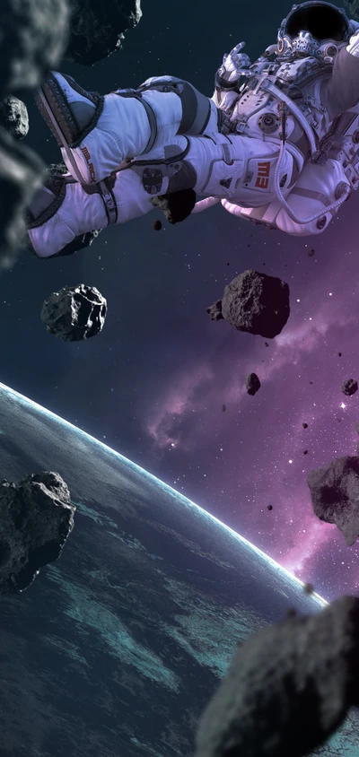 Astronaut Floating Among Asteroids in Deep Space