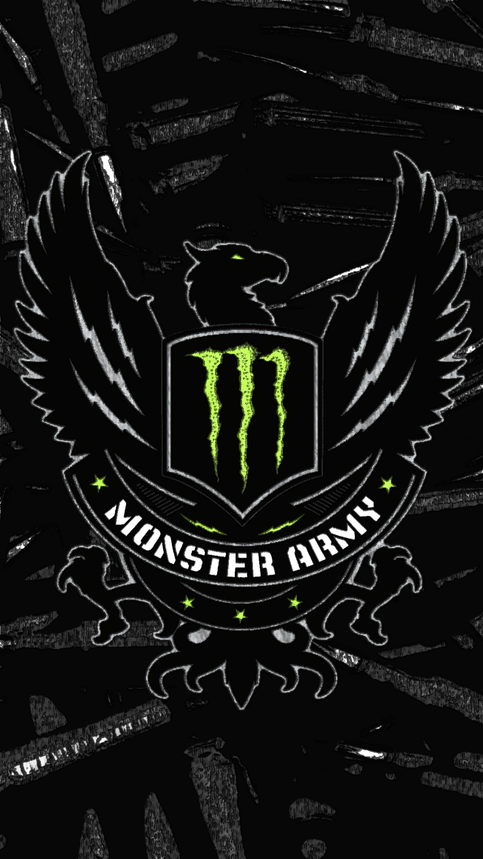 Um logotipo de monstro preto e verde com asas (exército, balas, energia, arma, monstro)