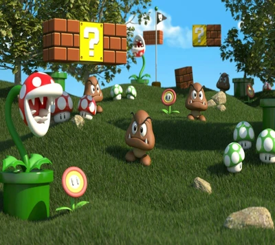 3D Super Mario Mundo: Paisagem Verde com Cogumelos Icônicos e Inimigos