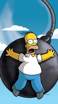 Homer Simpson agarrado por uma bola de demolição