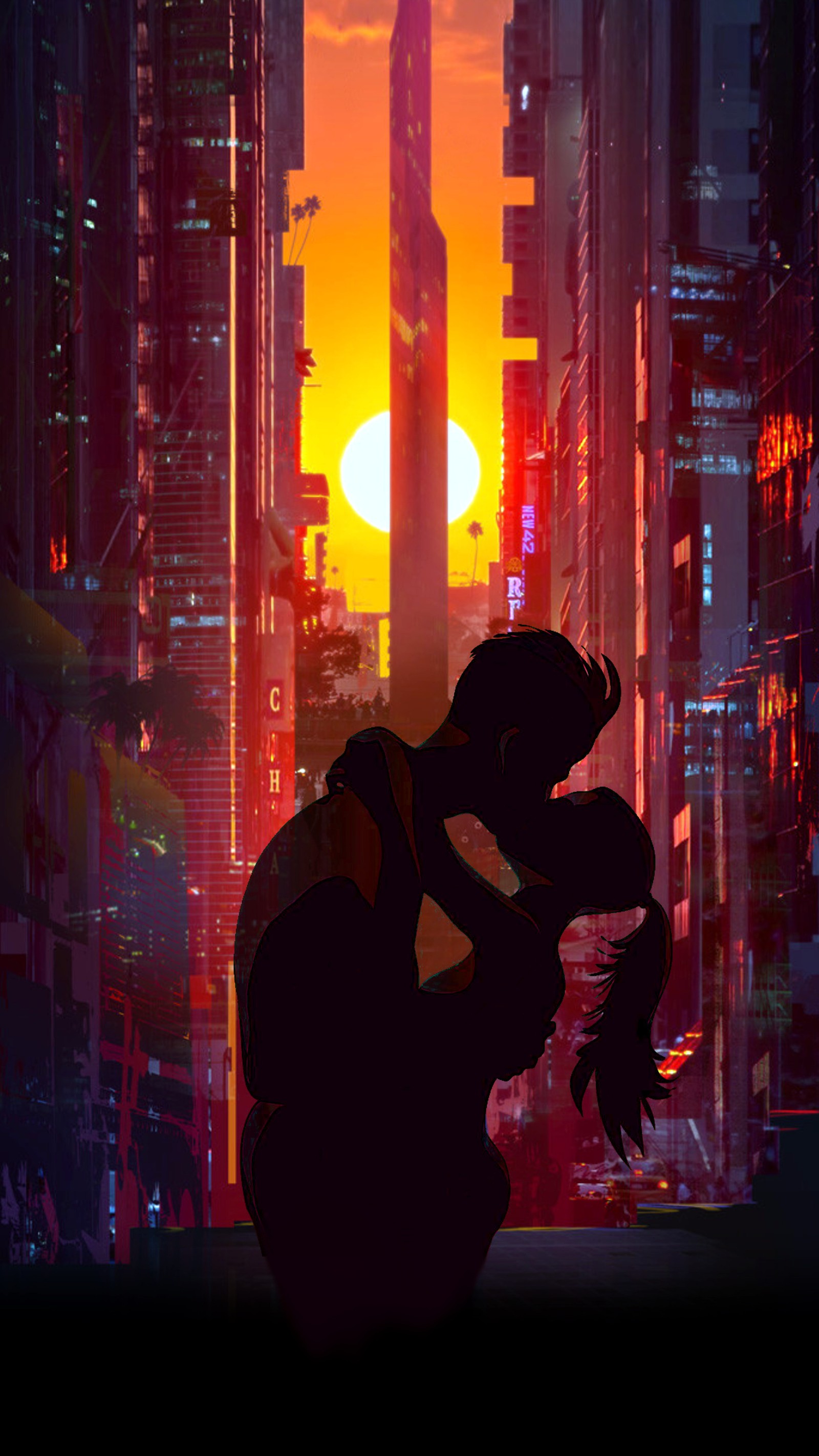 Uma cena em estilo anime de um homem ajoelhado em uma cidade ao pôr do sol (amor, beijo, cidade, romance)