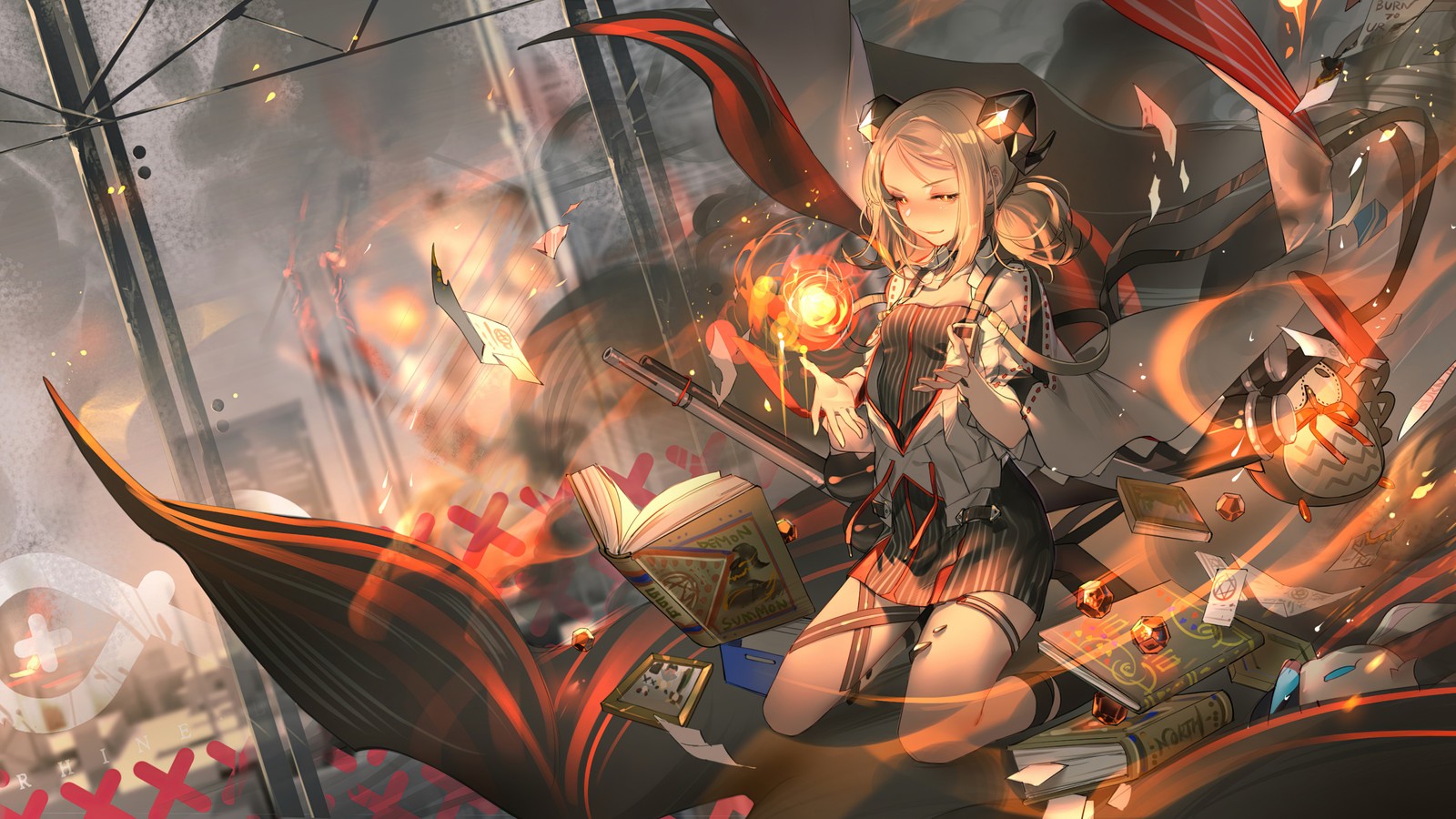 Anime girl with sword and armor in a city with fire (ifrit, arknights, anime girls, video game)