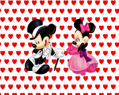 Mickey et Minnie Mouse dans une pose romantique entourés de motifs de cœurs.